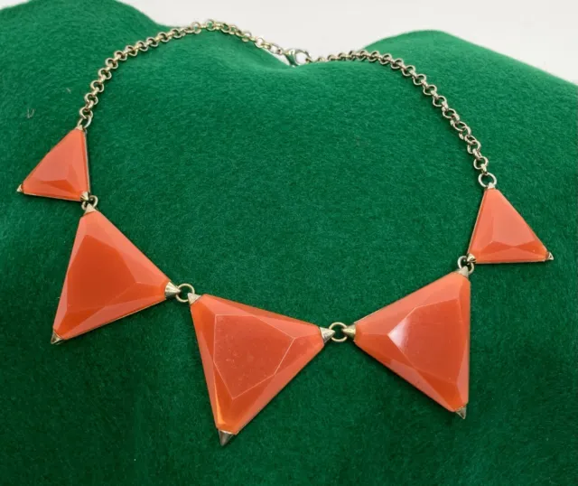 Silver Tone Necklace w/5 Orange Glass Triangles abt 18" Fashion Statement