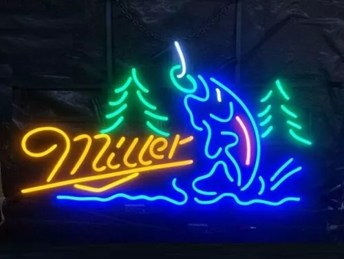 Neon Light Sign Lamp For Miller Lite Beer 20"x16" Fishing Get Hooked Fish Trees