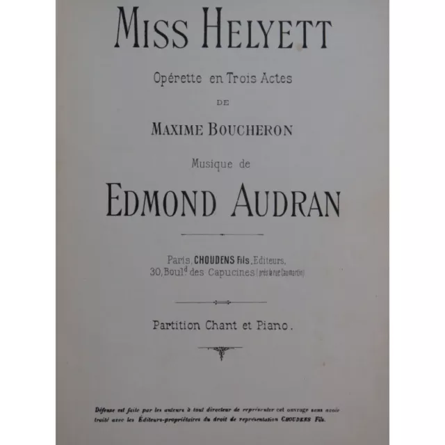 AUDRAN Edmond Miss Helyett Opérette Chant Piano ca1890