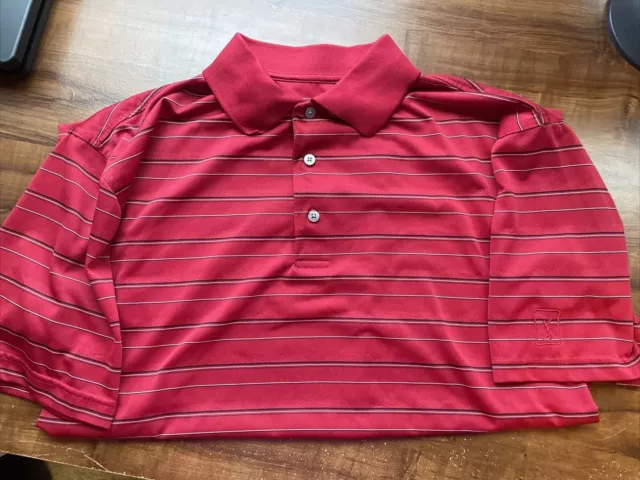 PGA TOUR GOLF Polo Shirt Mens Red Black Striped Short Sleeve Polyester ...