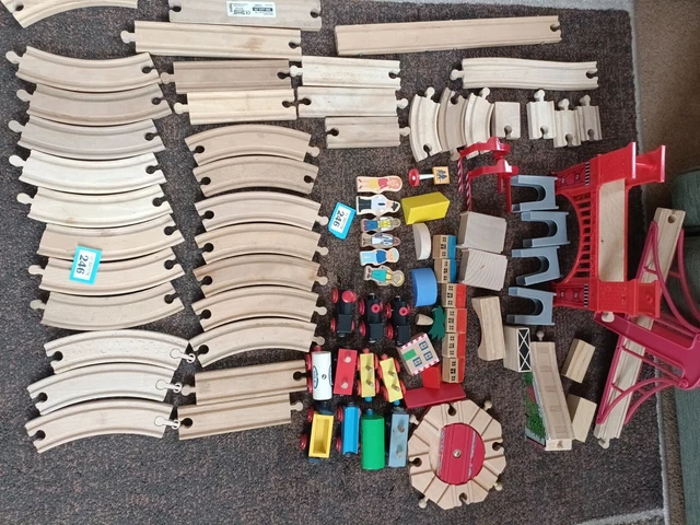 WOODEN TRAIN SET Bundle.Track Bridge Buildings Signs Trains,Great ...