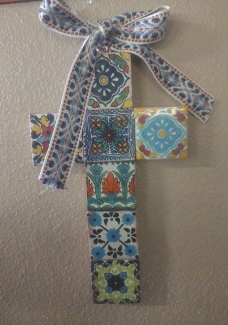Wall Cross real tile  Rustic Religious Hand Painted Floral Baja Spanish tiles