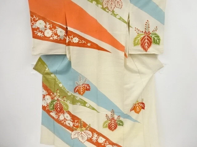 42802# Japanese Kimono / Antique Hitoe Kimono / Kiku Arabesque & Paulownia