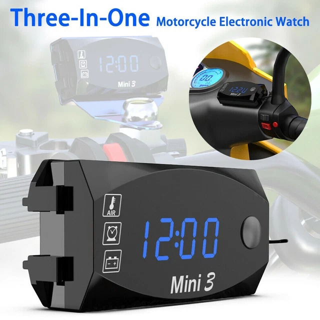 Motorcycle Clock Voltmeter 3-in-1 Acrylic Black Electronic Clock Thermometer