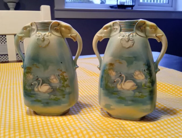 Pair Of Royal Bruxonia Austrian Swan And Elephant Head Vases, Excellent...