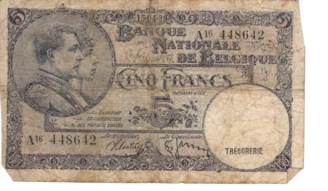 Belgium Belgie Bank Note 5 Francs 1938 2