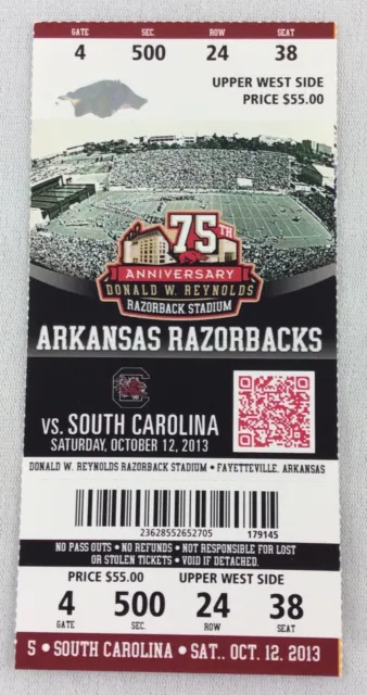2013 10/12 South Carolina at Arkansas Razorbacks College Football Full Ticket