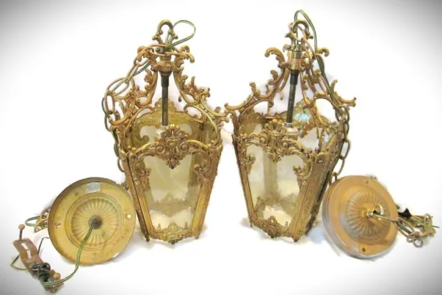 French Art Nouveau Hollywood Regency Swag Pendant Light Lamp brass pair vtg MC