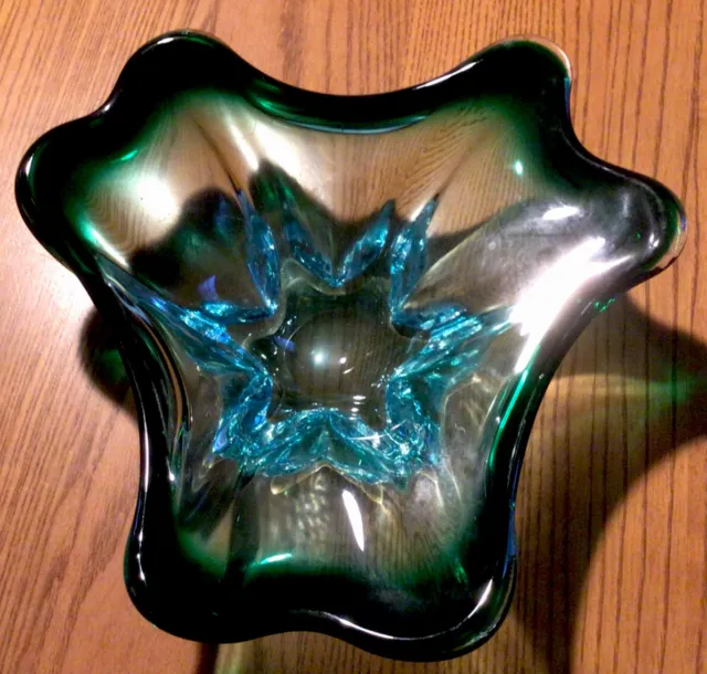 Large Vintage EUC Murano ? Blue and Green Sommerso Art Glass Bowl Ashtray ￼Vase