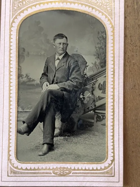 Antique Tintype Handsome Named Young Man Full Pose Hand tinted Cheeks Victorian