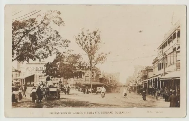 Stamp 2d red KGV real photo postcard George & Roma Streets Brisbane Queensland