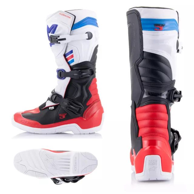 Alpinestars Tech 3 MX Botas de Blanco Azul Rojo Quad Cross de Motocross Enduro