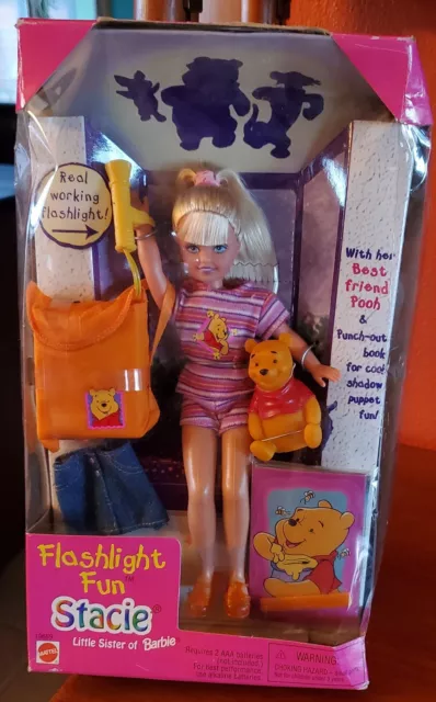 Vintage 1997 Barbie's Little sister Stacie & Pooh Flashlight Fun,read