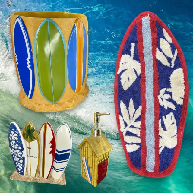 Pottery Barn Bathroom Rug Surf Board Soap Dispenser Trash Can Toothbrush Holder