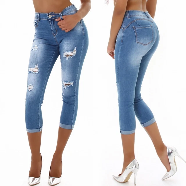 Femmes Capri Jeans Push Up Stretch Taille Haute Destroyed Fissures Skinny 36
