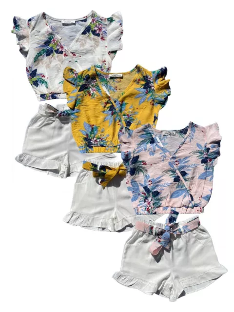Girls Kids Short Sleeve Set Outfits Floral Flower Summer Top Shorts 2 Piece Set