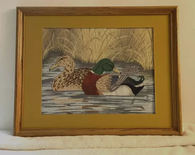 Vintgage Cross Stitch Petit Point Two Mallard Ducks Wall Art Wood Frame 20 x 16