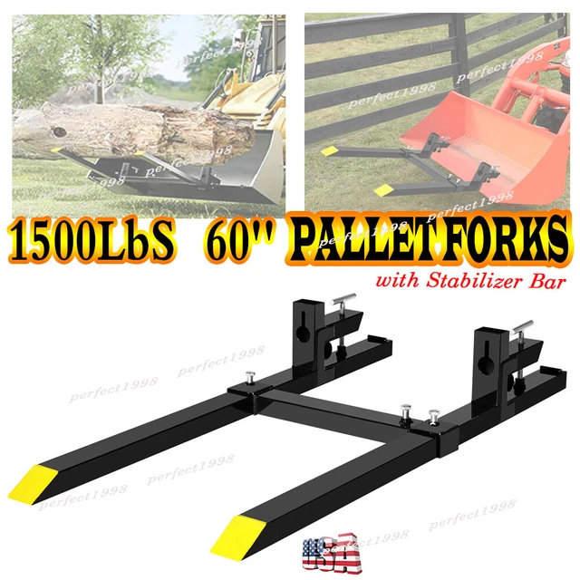 1500lbs Tractor Pallet Forks 60" Loader Bucket Skidsteer Fork w/ Stabilizer Bar