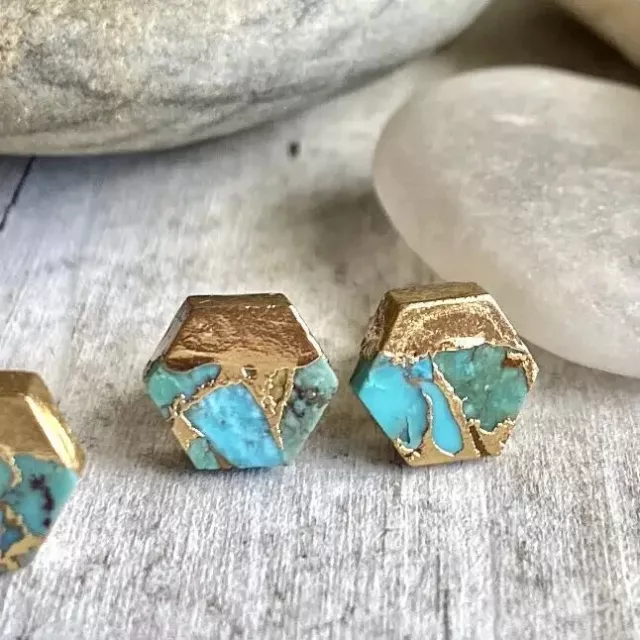 Unique Genuine Natural Turquoise Stud Earrings Gold Hexagon 8mm Pair