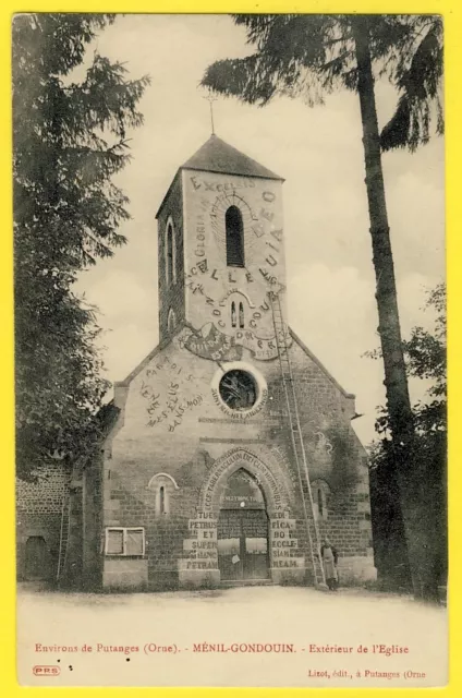 cpa MÉNIL GONDOUIN (Orne) L'EGLISE Peinte par l'ABBÉ PAYSAN en bas de l’échelle