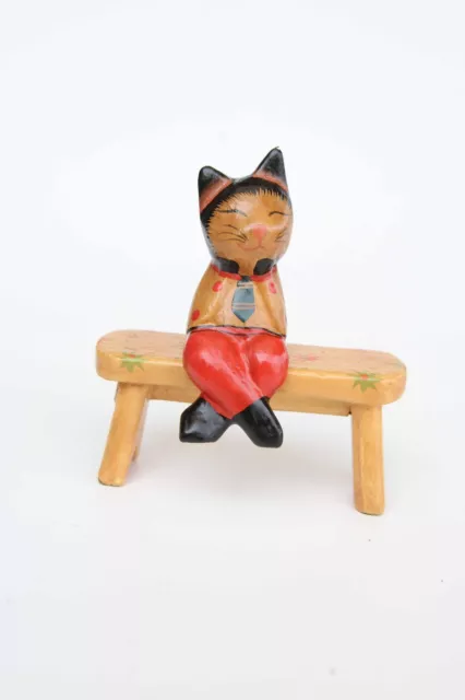 Hipster Cat Wood Statue - Sits on a shelf edge - Size Small - Red