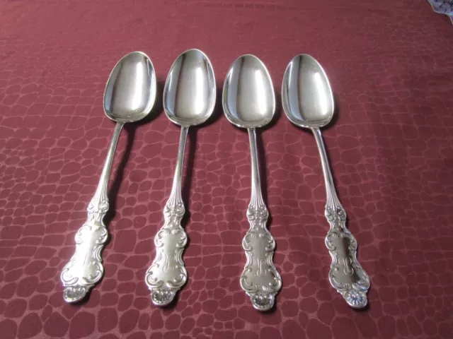 FLEMISH 4 Dessert or Oval Soup Spoons 1894 Silverplate R Monograms            JU