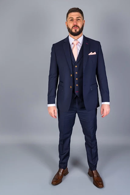 MENS SUIT NAVY Blue Three Piece Wedding Racing Prom Groom Formal