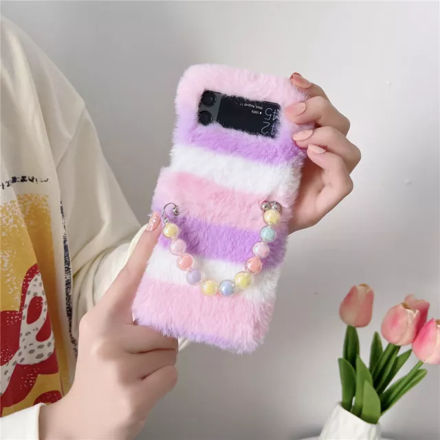 Rainbow Pearl chain Warm Plush Faux Fur Case Cover for Samsung Flip3 Flip4 5G