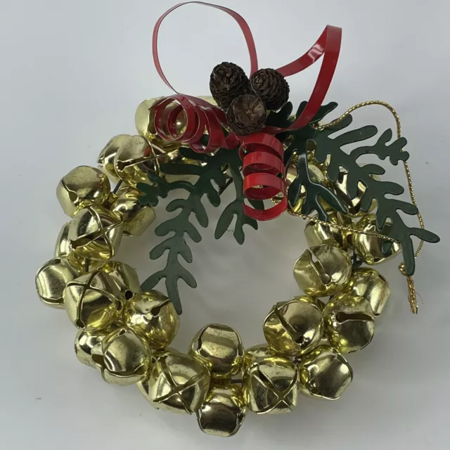 Metal Jingle Bell Ornament 4 inch Wreath Vintage Christmas Holiday Decor Gold