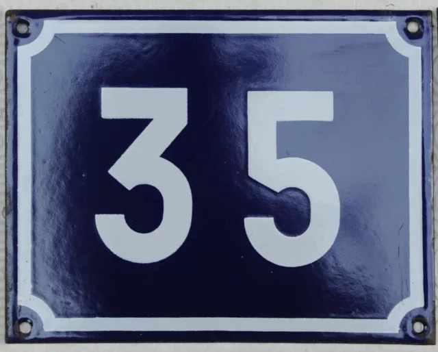 Large old blue French house number 35 door gate plate plaque enamel sign NOS