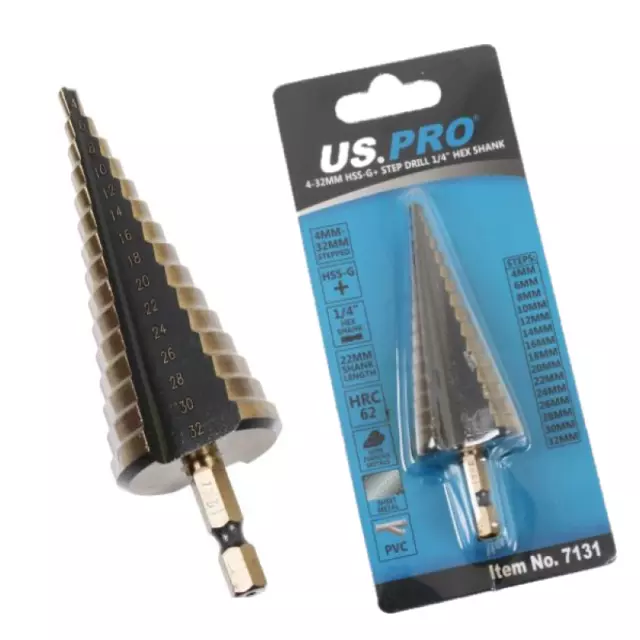 US PRO HSS Step Drill Bit 4mm/32mm With 1/4" Hex Shank Cone Cutter