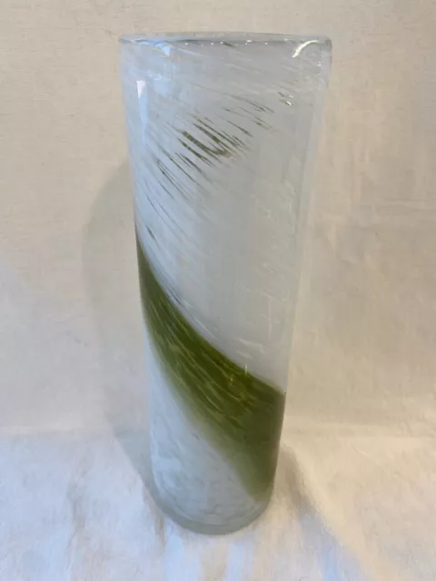 Vintage Pier 1 Blown Art Glass Vase White Speckled W/Green Swirl 10 3/4" Tall