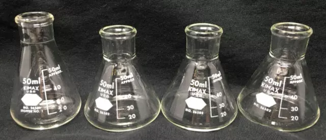 Set of 4 Kimax Erlenmeyer Flasks Lab Glass 50 ml