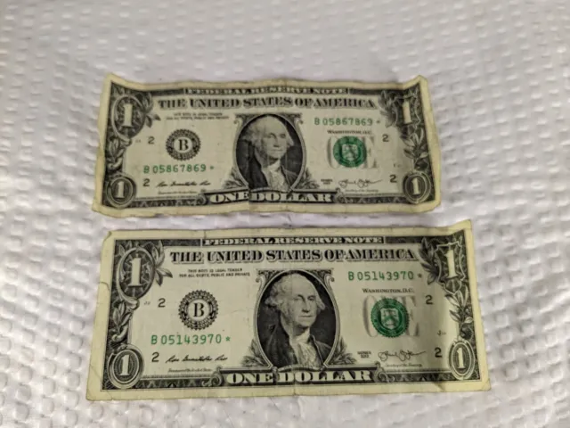 2 One Dollar Banknotes 2013 B Star Note Error Duplicate