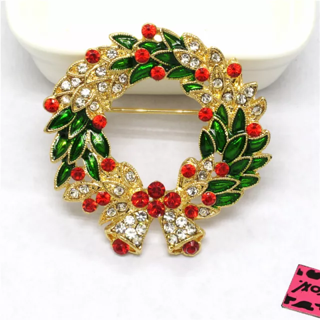 Colorful Crystal Cute Christmas Wreath Fashion Women Charm Brooch Pin Gifts