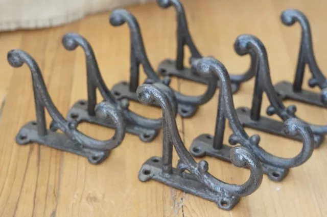 8 Brown Rustic Coat Hooks Antique Style Cast Iron 4.5" Wall Double Restoration !