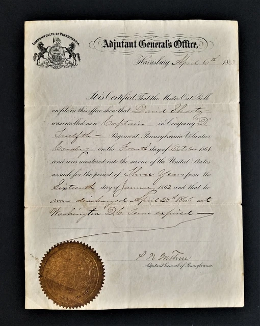 1883 antique DAVID SHORTZ civil war DISCHARGE CERTIFICATE libby andersonville
