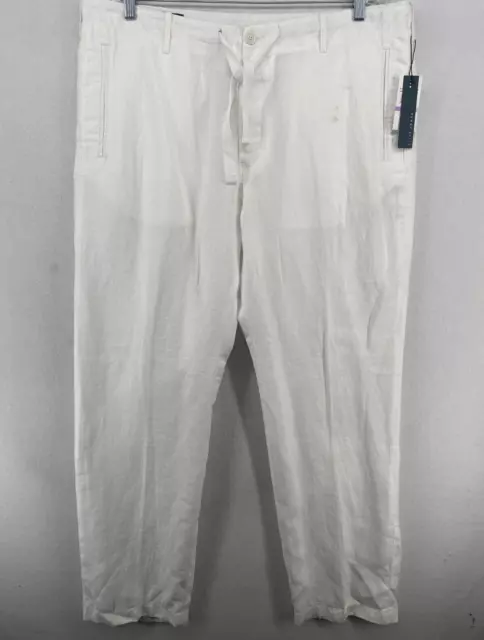 PERRY ELLIS Pants Mens 38 Linen Chino Drawstring Button Fly Woven White NEW