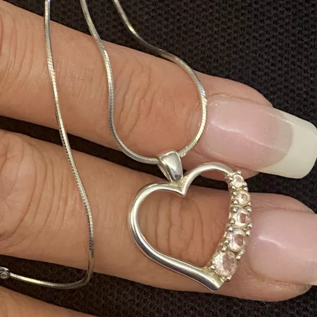 Sweet Adorable Childs Estate Sterling Silver Pink Quartz Heart Necklace 14” Long