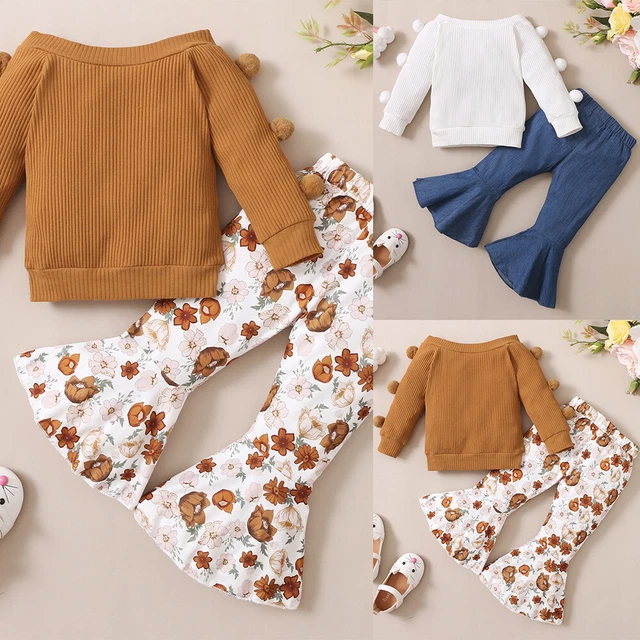 Kids Toddler Baby Girls Long Sleeve Tops+Floral Flared Pants Outfits Clothes 3