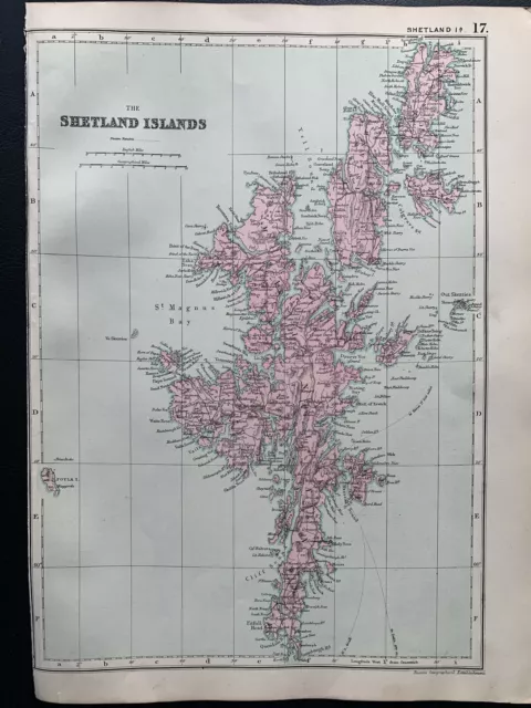 1891 Shetland Islands Original Antique Hand Coloured Map by G.W. Bacon