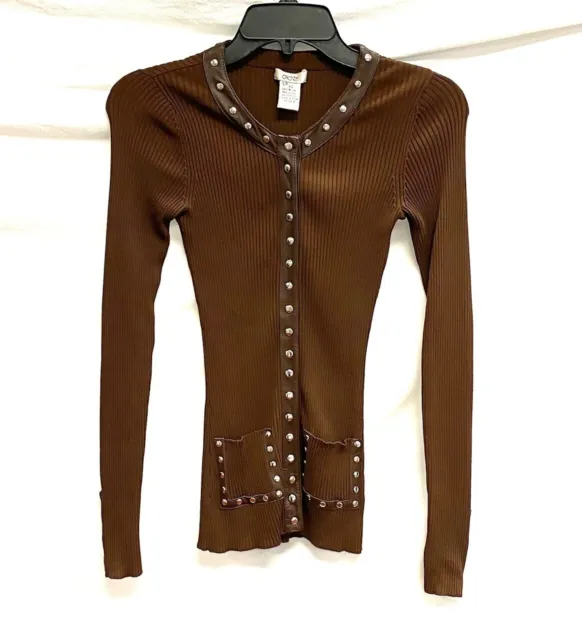 CACHE Brown Ribbed Rib Leather Stud Trim Snap Button Blouse Top Cardigan XS 0/2