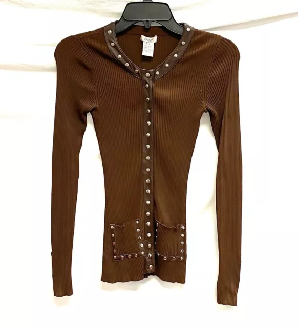 CACHE Brown Ribbed Rib Leather Stud Trim Snap Button Blouse Top Cardigan XS 0/2 CACHE Brown Ribbed Rib Leather Stud Trim Snap Button Blouse Top Cardigan XS 0/2