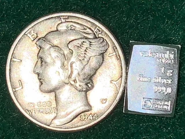 Rare Old 1944 Silver Mercury US Coin Collection Dime 999,0 Fine VALCAMBI Bar Lot