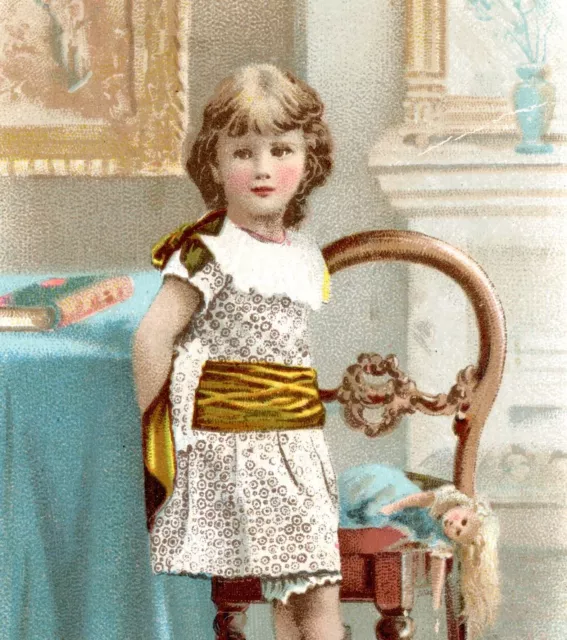 Christmas Card young girl by chair with doll greetings antique #43 Victorian