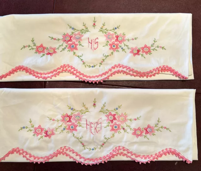 VTG PAIR Embroidered Pillowcases “His” & “Hers” Flowers In Pink & Green 28 X 20