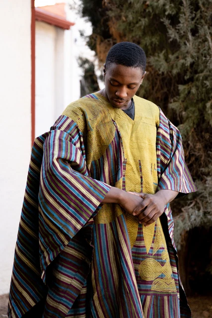 Camisa Hausa Boubou Azul Verde A Rayas Nigeria Arte Africano