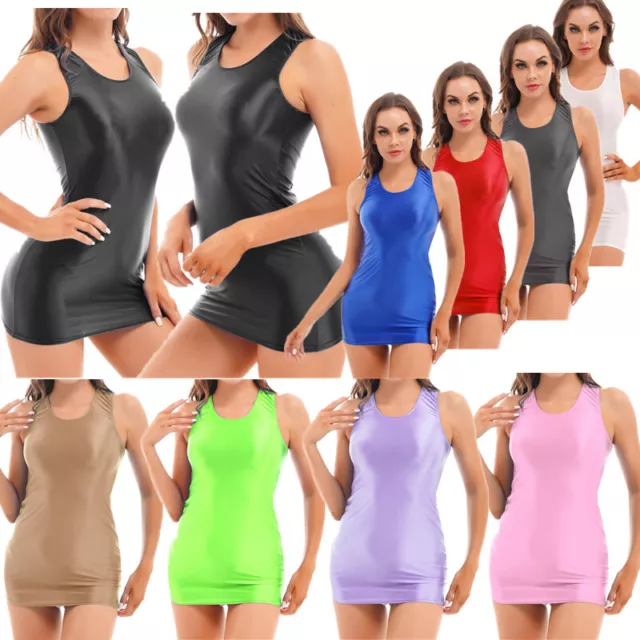 Womens Glossy Sheer Short Mini Dress Bodycon Shiny Package Hip Dresses Clubwear