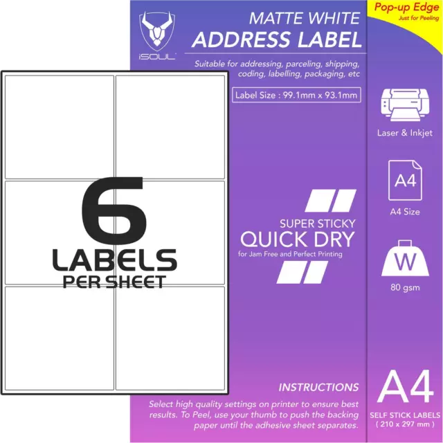 6 Labels Per A4 Sheet Matt Self Adhesive Sticky Peel Address Labels QuickDry