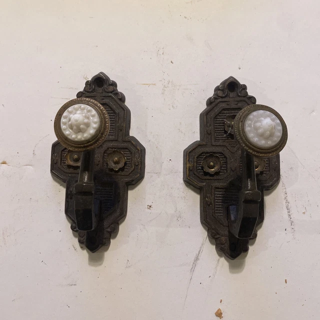 Set of (2) Pair Matching Iron Brass Milk Glass Victorian Curtain Tie Backs Hooks